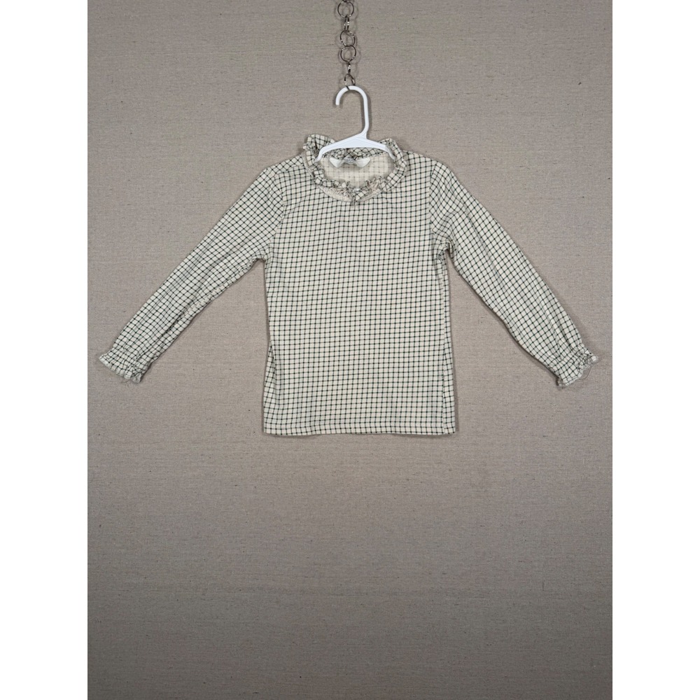 H&M Kids Green Cream Grid Ruffle Neck Long Sleeve Top Size 6